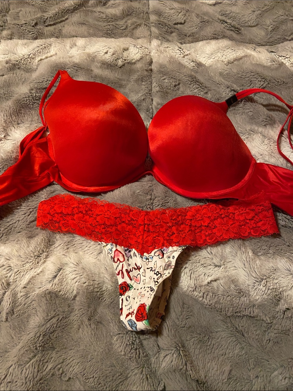 Victoria's Secret Red Satin Push-Up Bra with Red Lace-Trim Thong